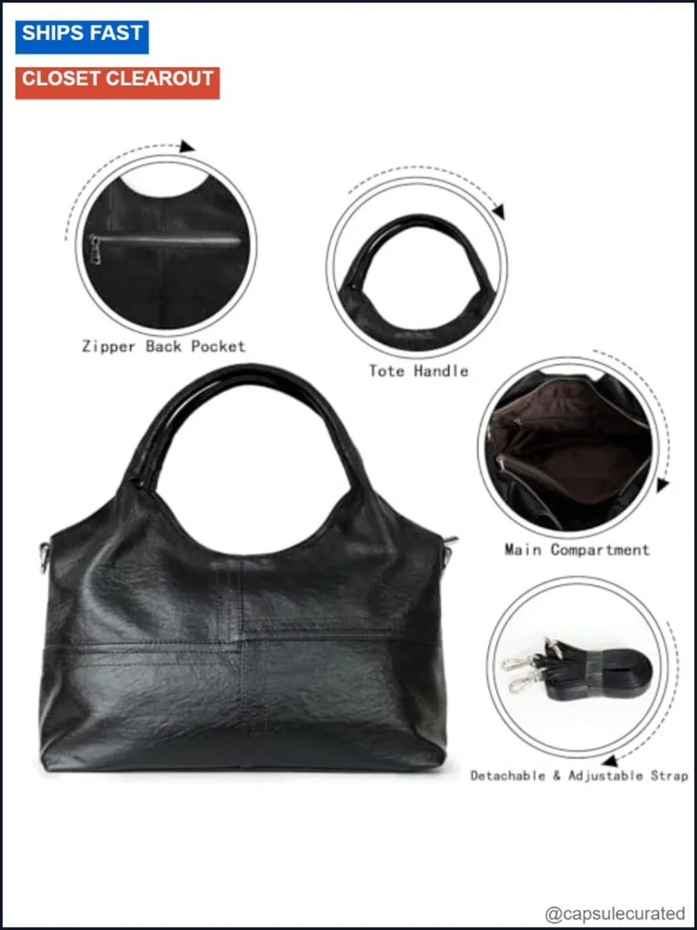 Vegan Leather Hobo Tote Handbag with Satchel Strap, Women's Medium Purse